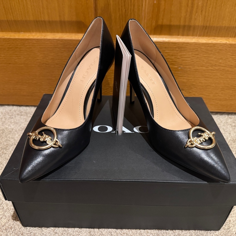 Coach Black Heels with Gold Chain Accent